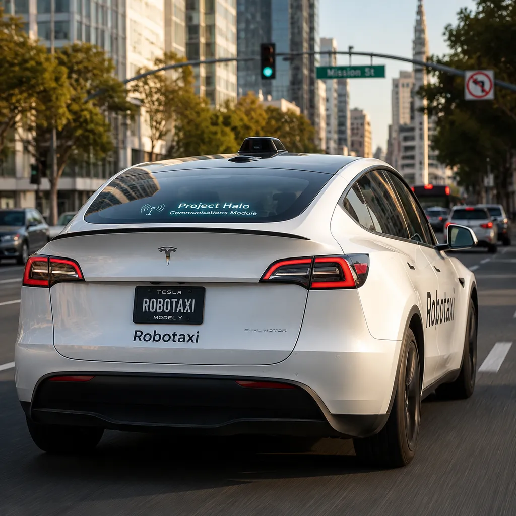 一辆搭载FSD v15早期版本的特斯拉Model Y Robotaxi在城市道路行驶,后挡风玻璃可见Project Halo通信模块