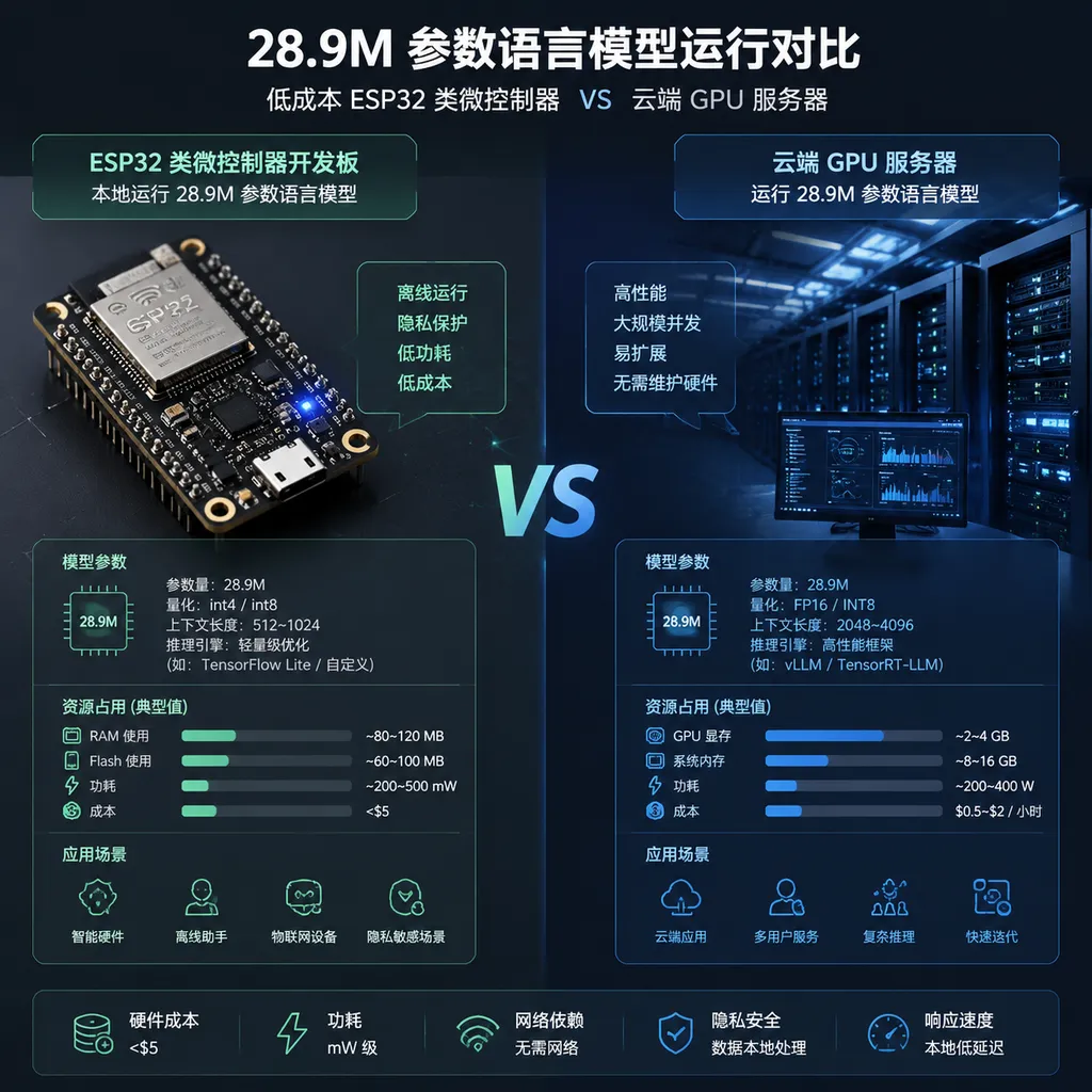 Illustration of a low-cost ESP32-class microcontroller development board running a 28.9M-parameter language model, shown alongside a cloud GPU server for comparison