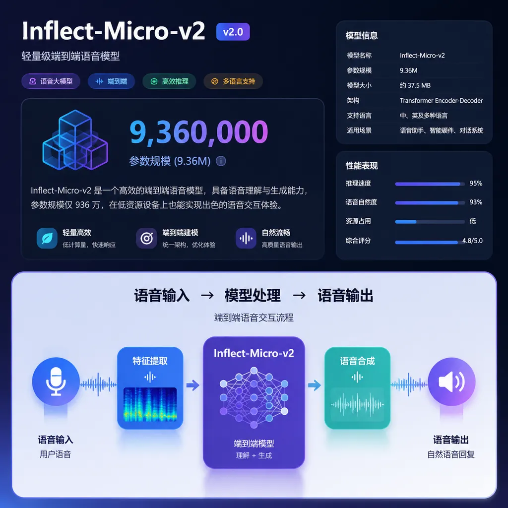Inflect-Micro-v2模型页面与936万参数标识,旁边展示语音输入到语音输出的端到端流程