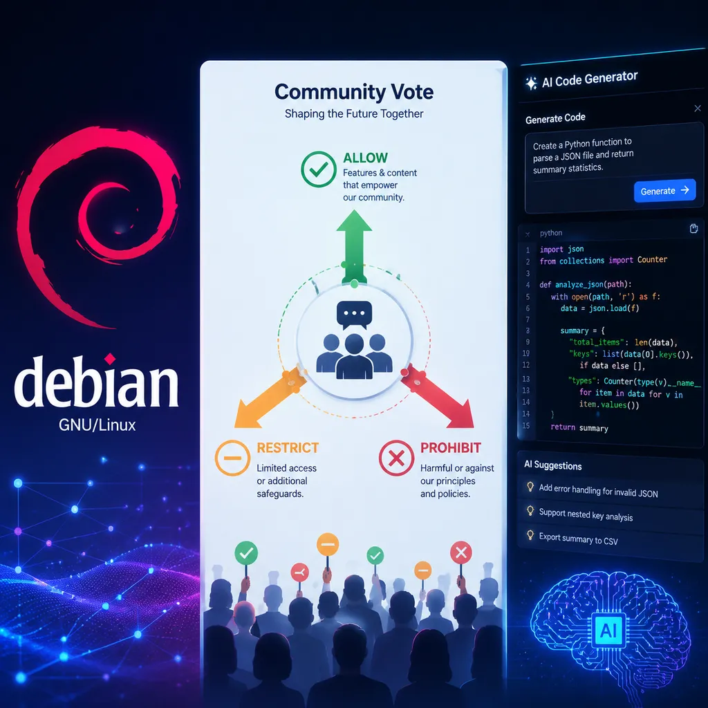 The Debian logo alongside an AI code-generation interface, with a community voting diagram in the center showing three options: allow, restrict, and prohibit