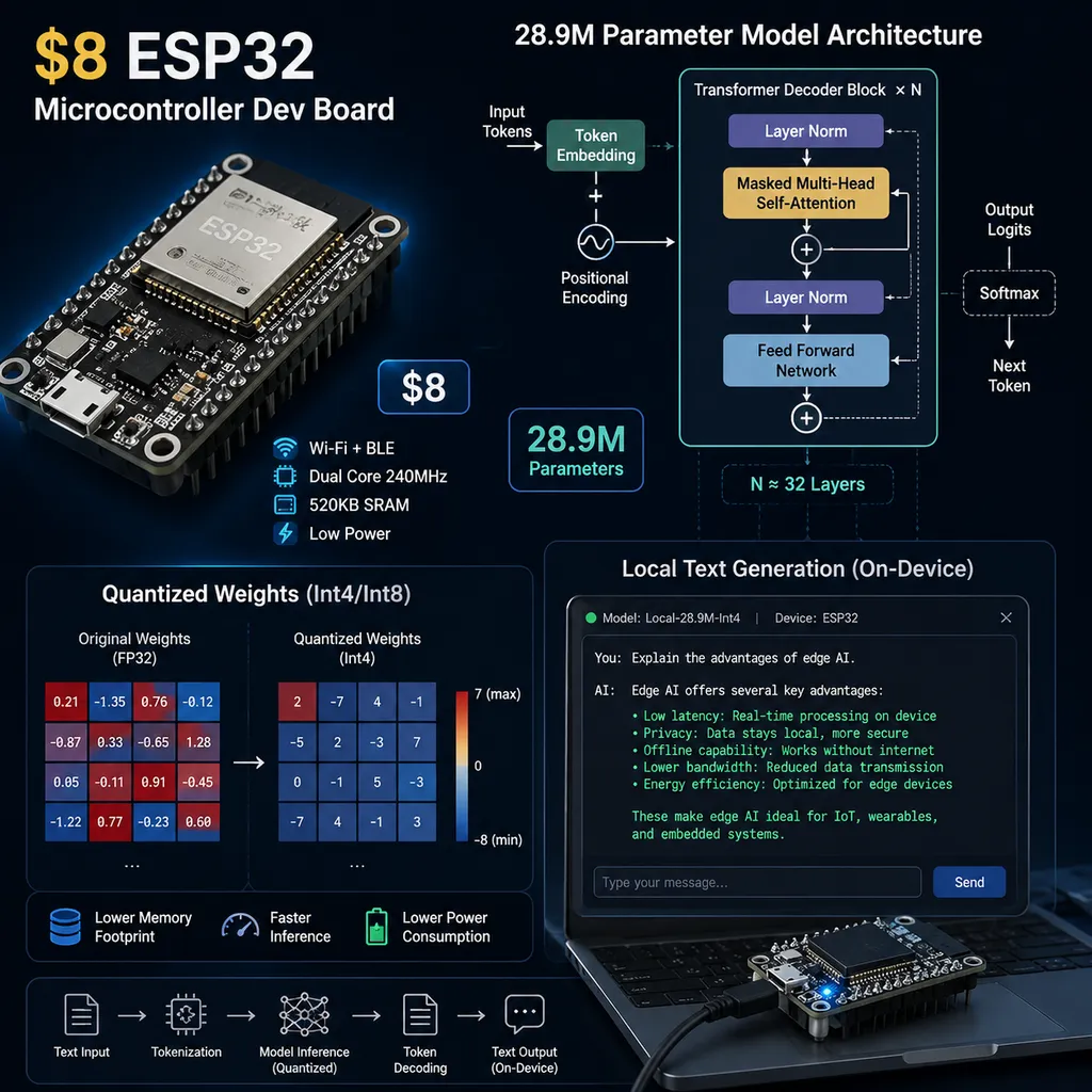 8 美元 ESP32 微控制器开发板与 2890 万参数模型结构、量化权重和本地文本输出界面的组合示意图