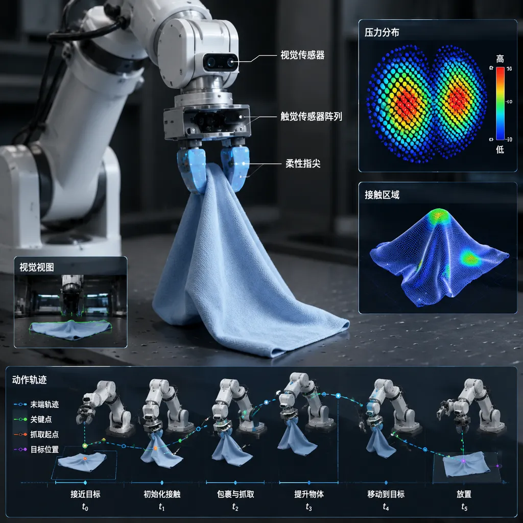 A robotic arm uses visual and tactile sensors to grasp a flexible object, with the image showing pressure distribution, contact areas, and motion trajectories