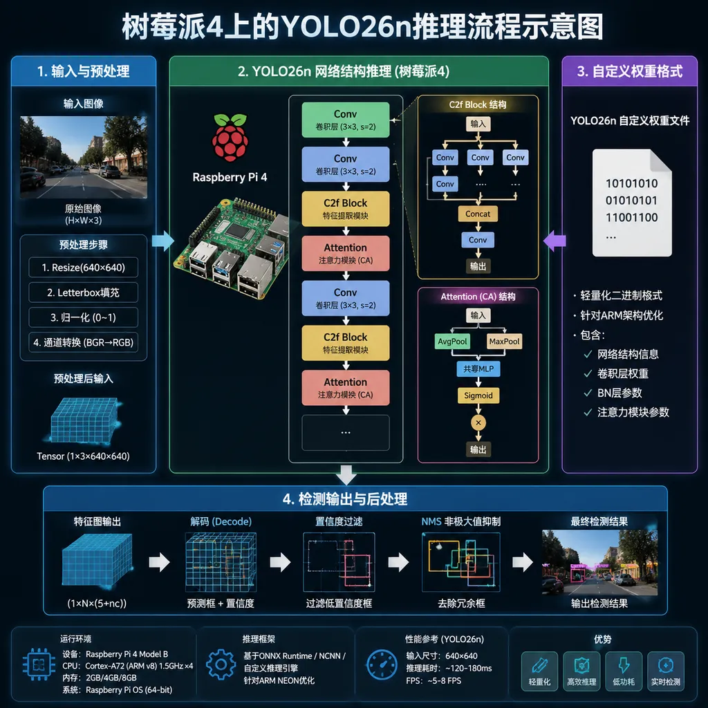 Diagram of the YOLO26n inference pipeline on a Raspberry Pi 4, including input preprocessing, convolution and attention modules, a custom weight format, and detection output