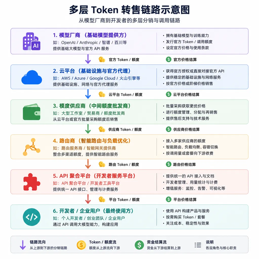 Diagram of the multilayer token resale chain connecting model providers, cloud platforms, quota suppliers, routing providers, API aggregation platforms, and developers