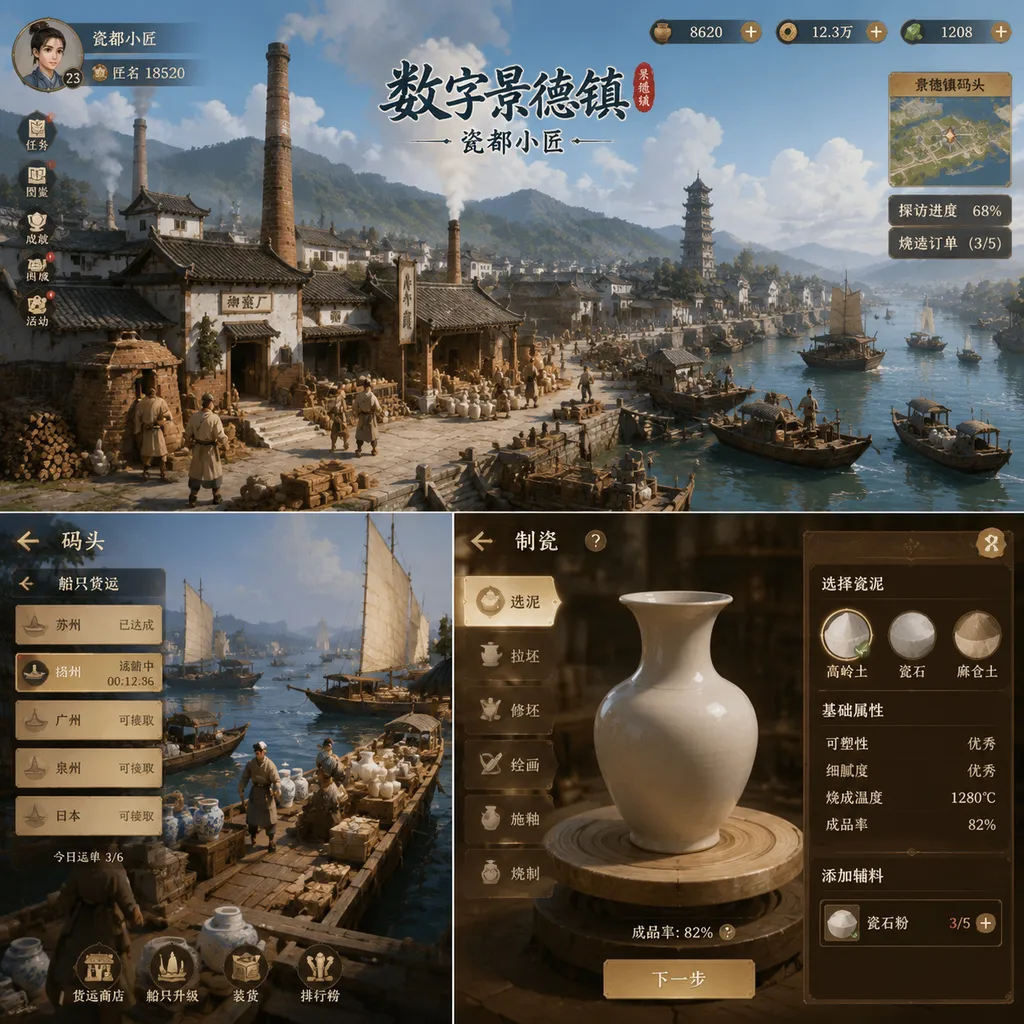《数字景德镇·瓷都小匠》中的古代景德镇窑厂、码头与玩家制瓷界面