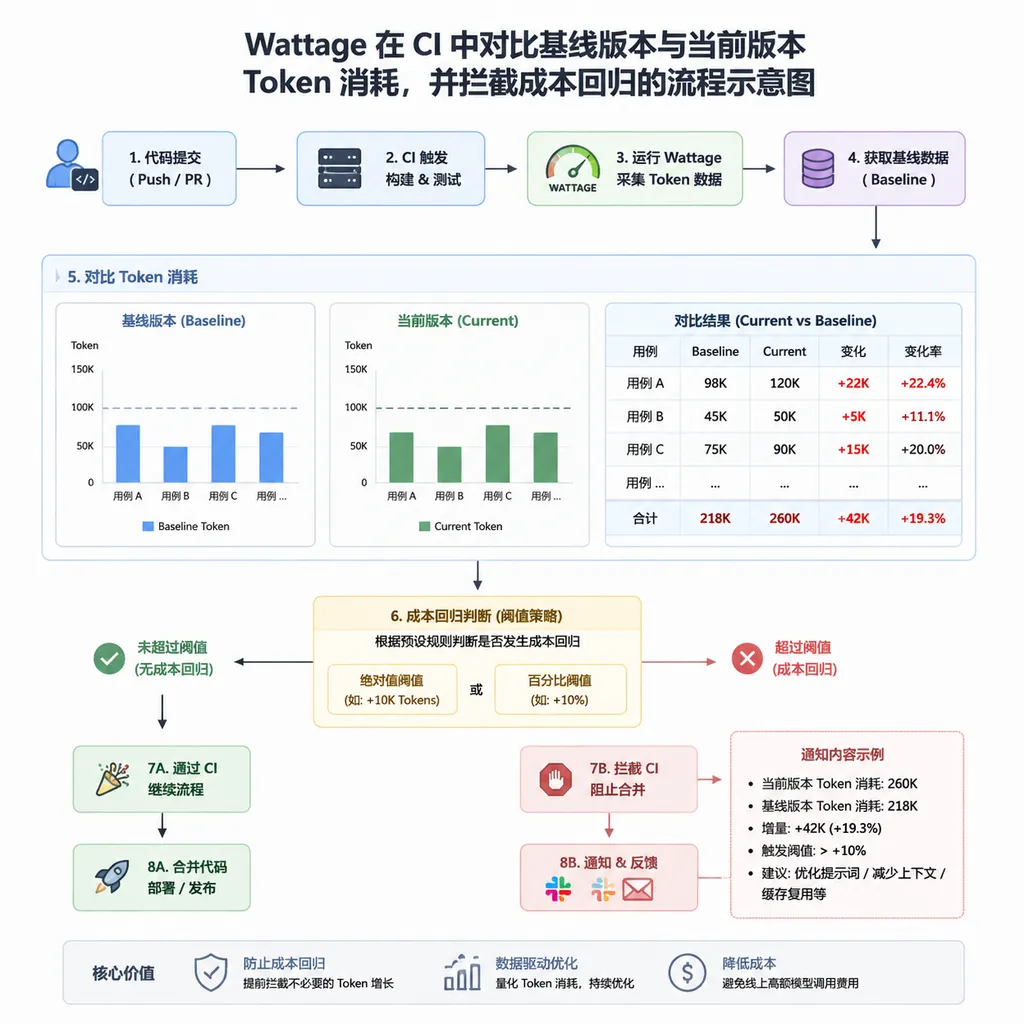 Diagram showing Wattage comparing token consumption between the baseline and current versions in CI and blocking cost regressions