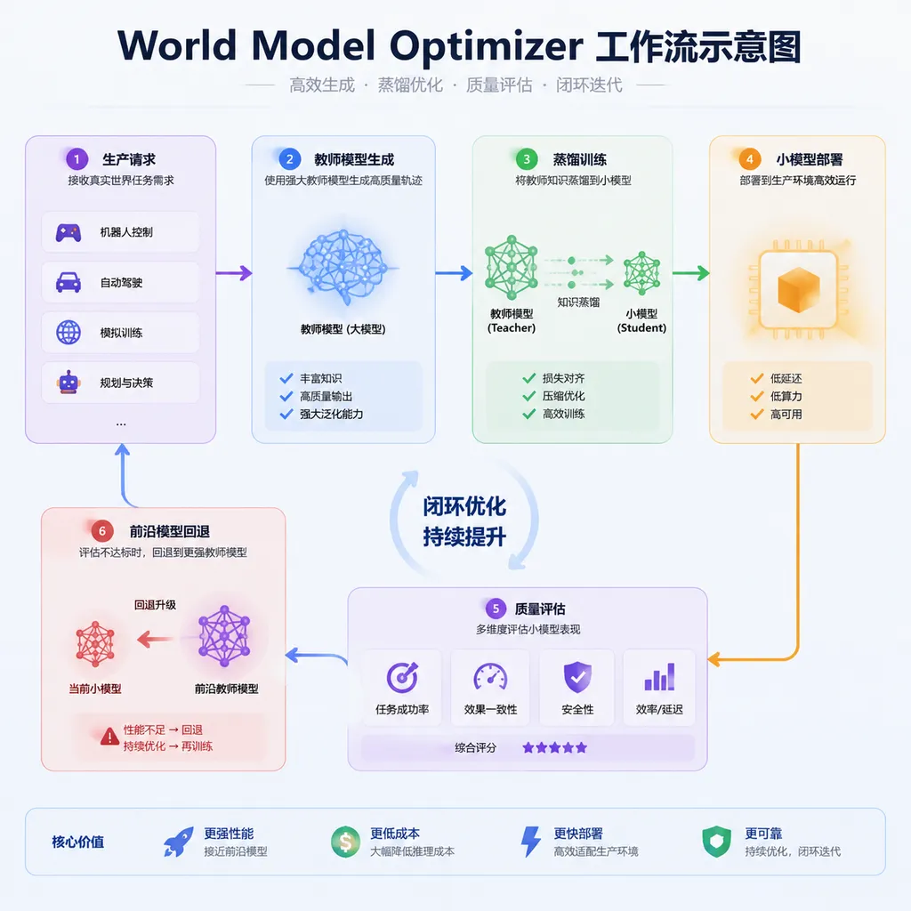 Diagram of the World Model Optimizer workflow, showing a closed loop of production requests, teacher-model generation, distillation training, small-model deployment, quality evaluation, and fallback to a frontier model