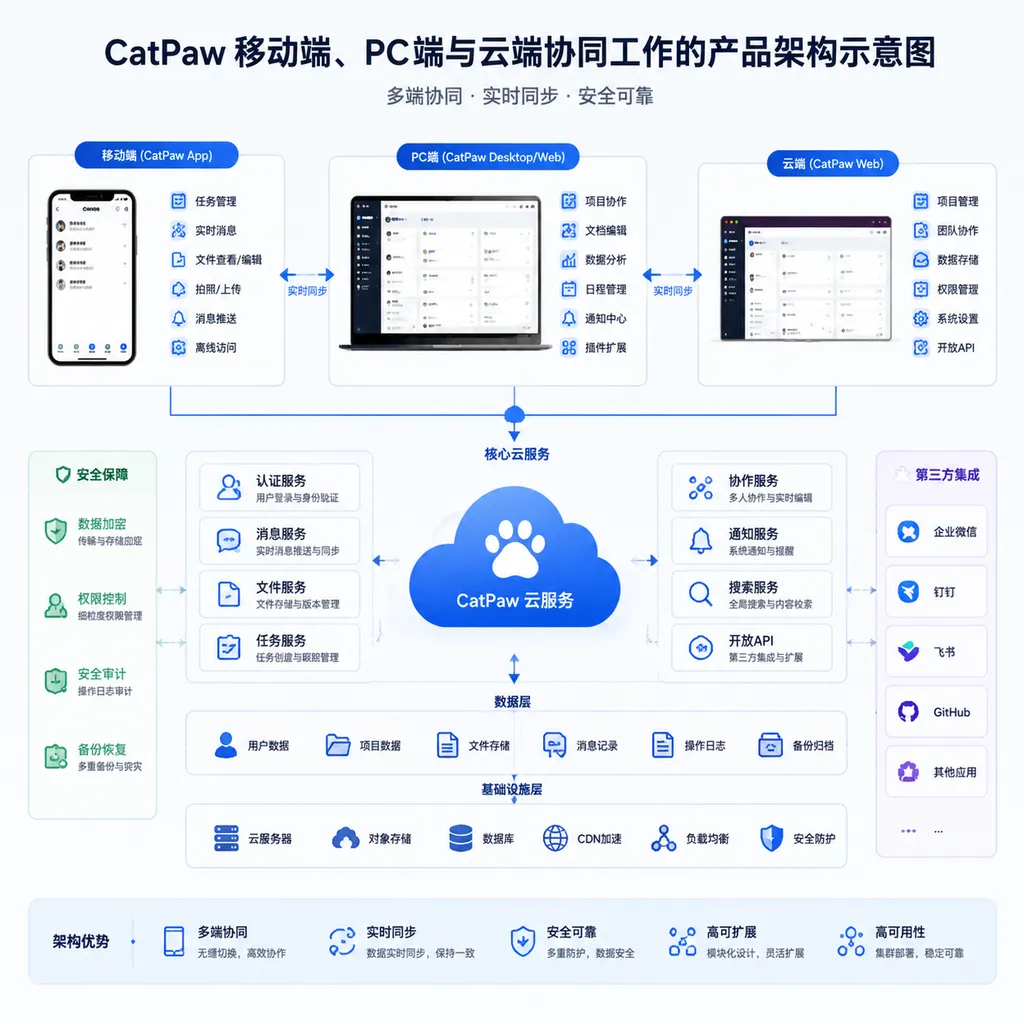 CatPaw移动端、PC端与云端协同工作的产品架构示意图
