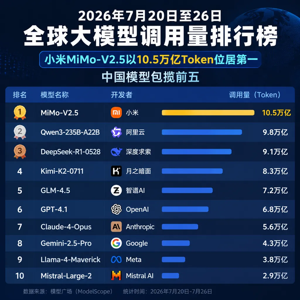 2026年7月20日至26日全球大模型调用量排行榜,小米MiMo-V2.5以10.5万亿Token位居第一,中国模型包揽前五