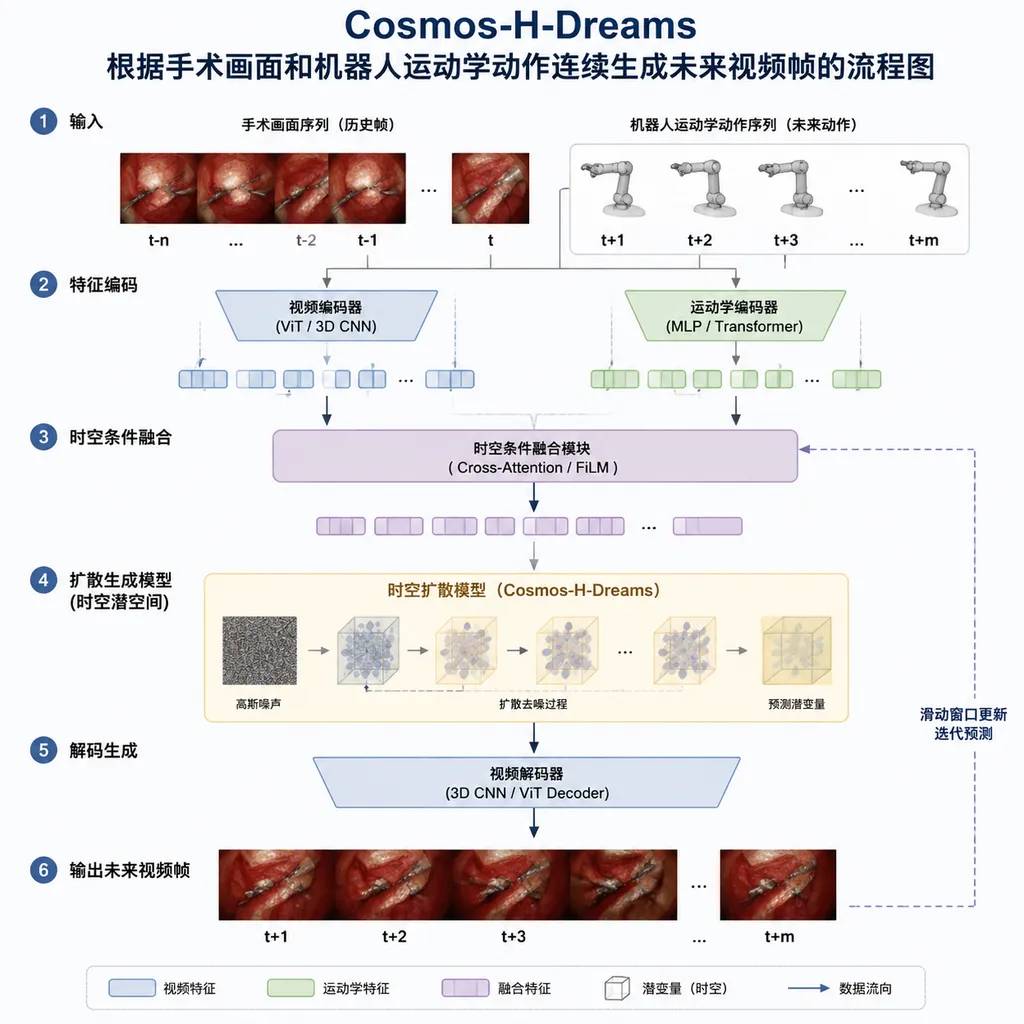 Workflow diagram showing Cosmos-H-Dreams continuously generating future video frames from a surgical view and robot kinematic actions