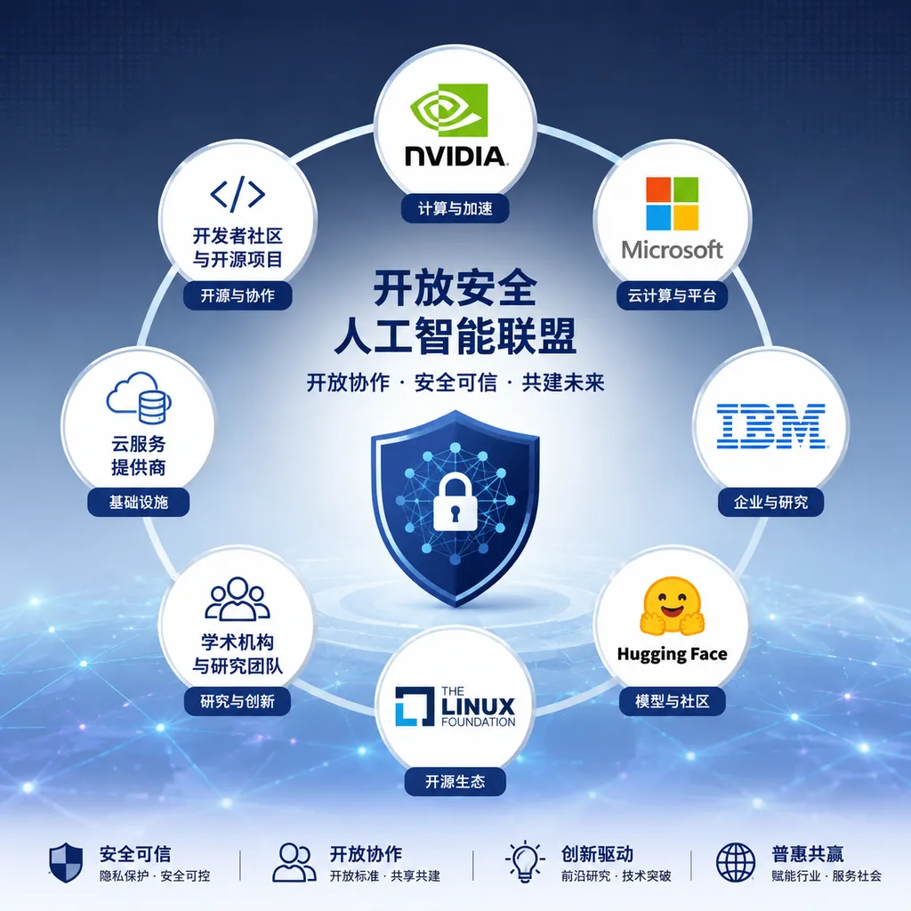Illustration of members including NVIDIA, Microsoft, IBM, Hugging Face, and the Linux Foundation forming the Open Secure AI Alliance