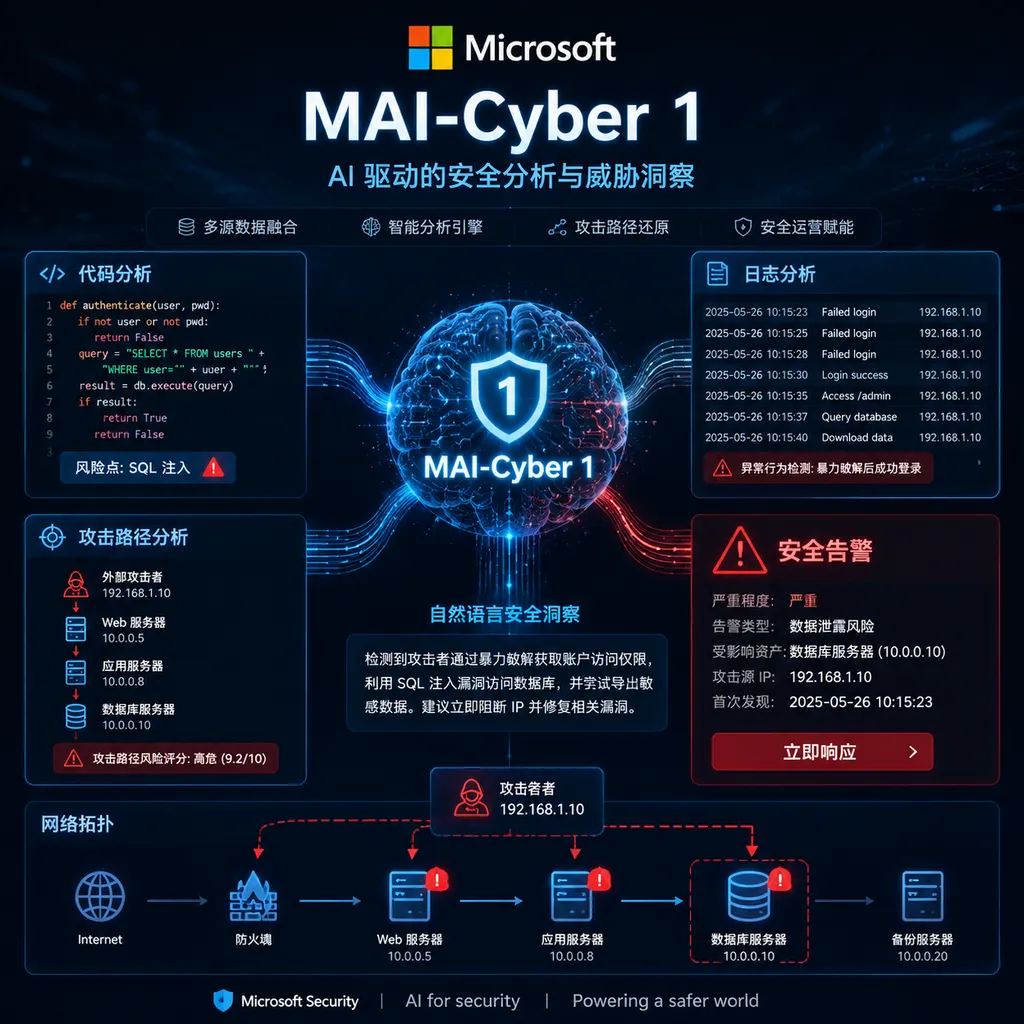 Concept image of MAI-Cyber 1 analyzing code, logs, and attack paths, featuring the Microsoft AI logo, security alerts, and a network topology