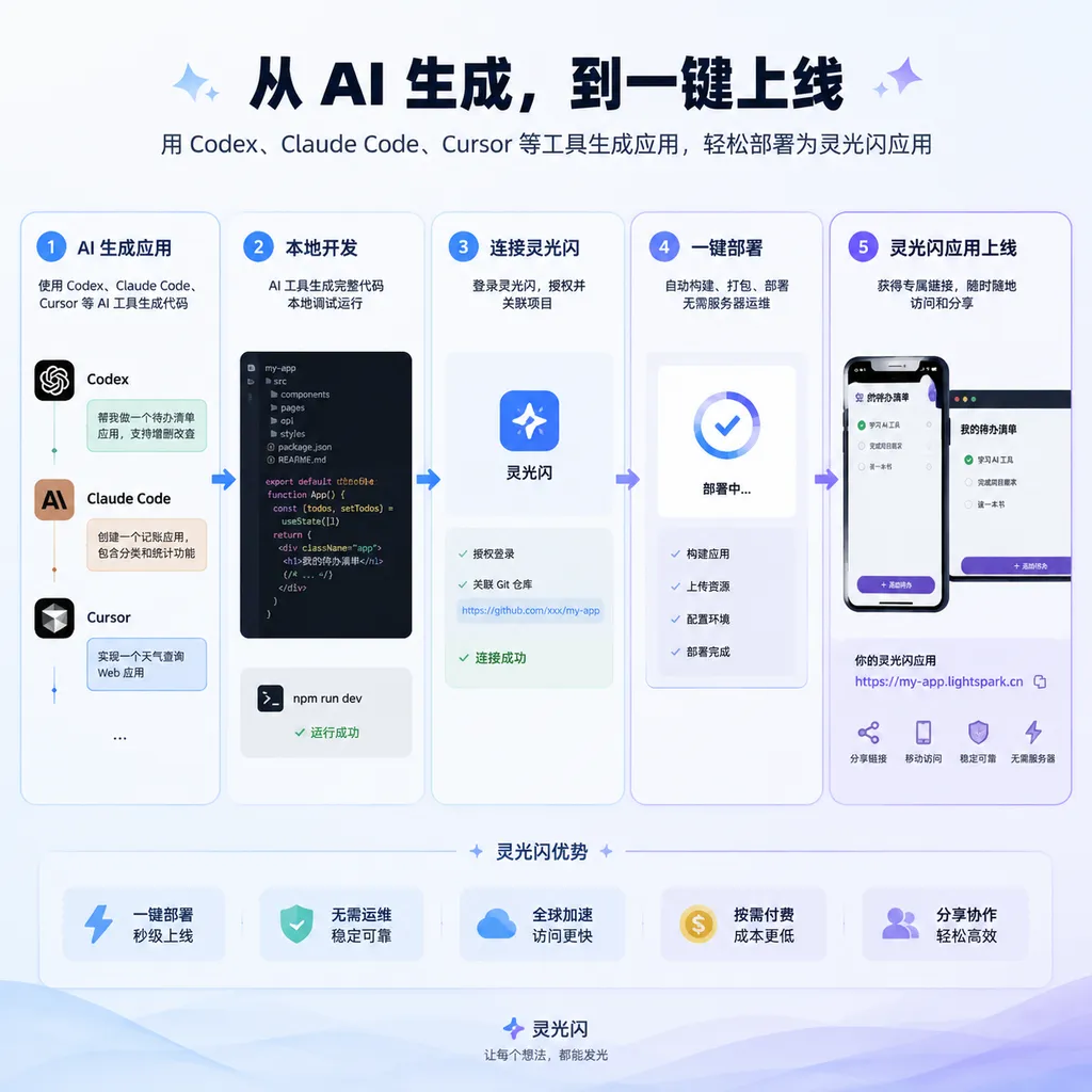 Diagram showing how users generate applications with tools such as Codex, Claude Code, and Cursor, then deploy them as Lingguang Flash Apps with one click