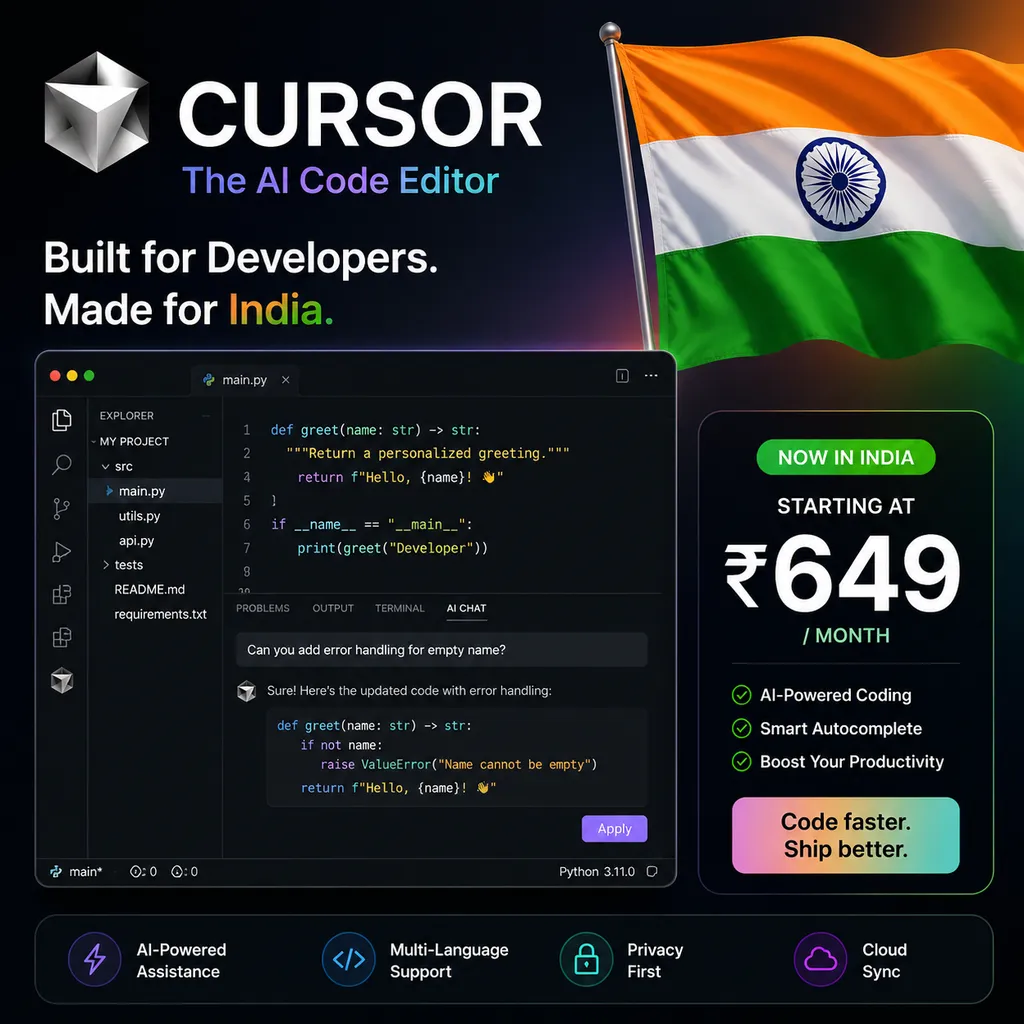 Product illustration featuring the Cursor editor interface, the Indian flag, and the 649-rupee monthly price