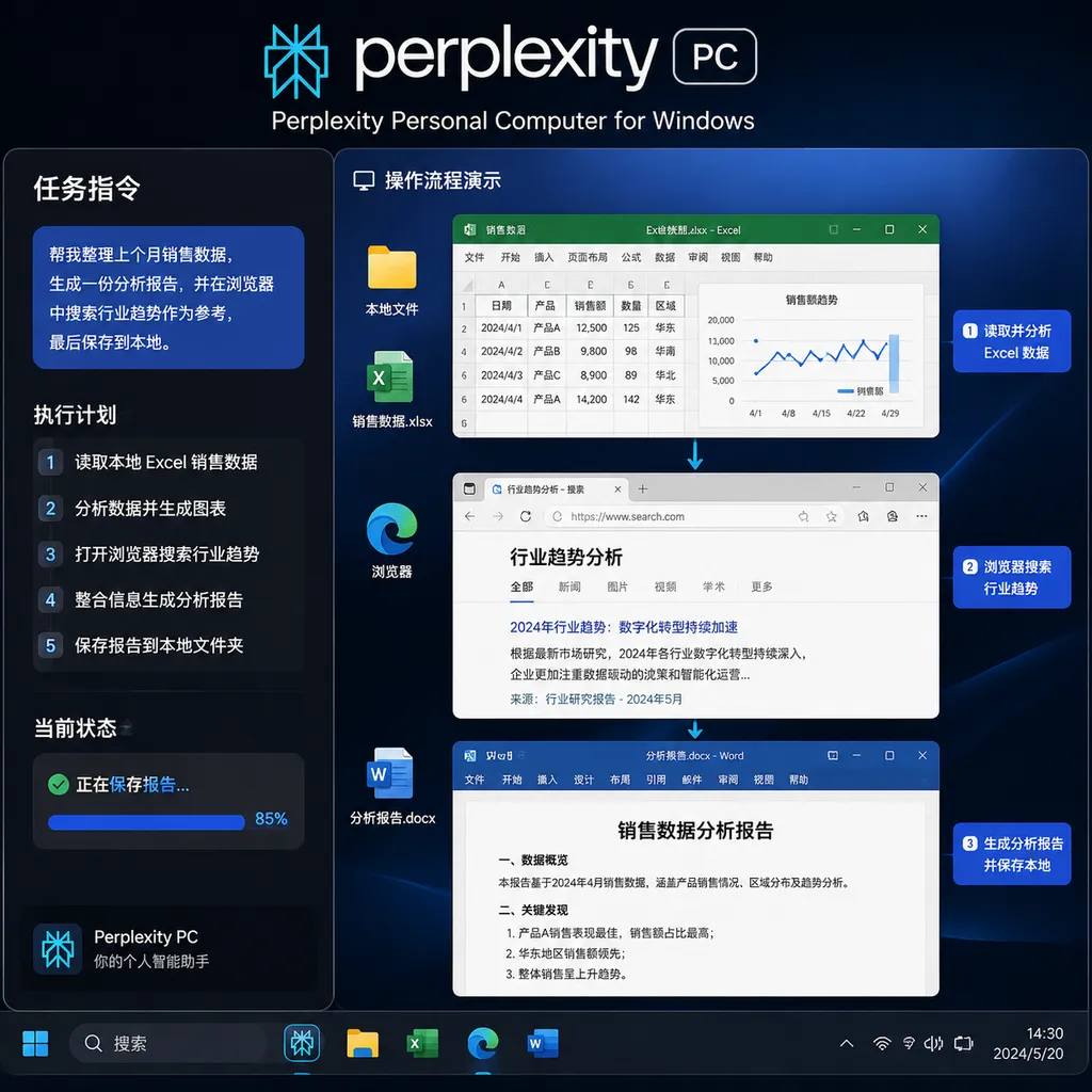 Perplexity Personal Computer for Windows running on the desktop, with task instructions on the left and a workflow spanning local files, Excel, and the browser on the right