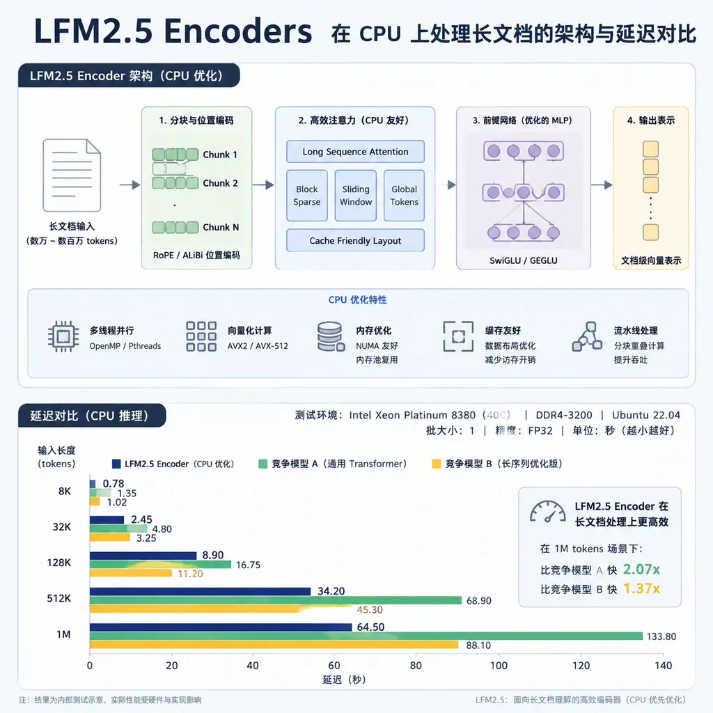Diagram comparing the architecture and latency of LFM2.5 Encoders when processing long documents on CPUs