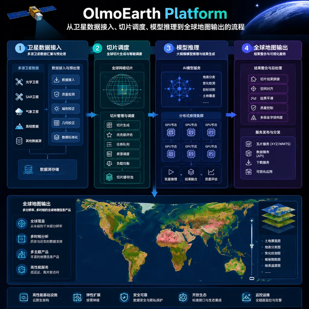 Diagram of the OlmoEarth Platform workflow, from satellite data ingestion and tile scheduling to model inference and global map output