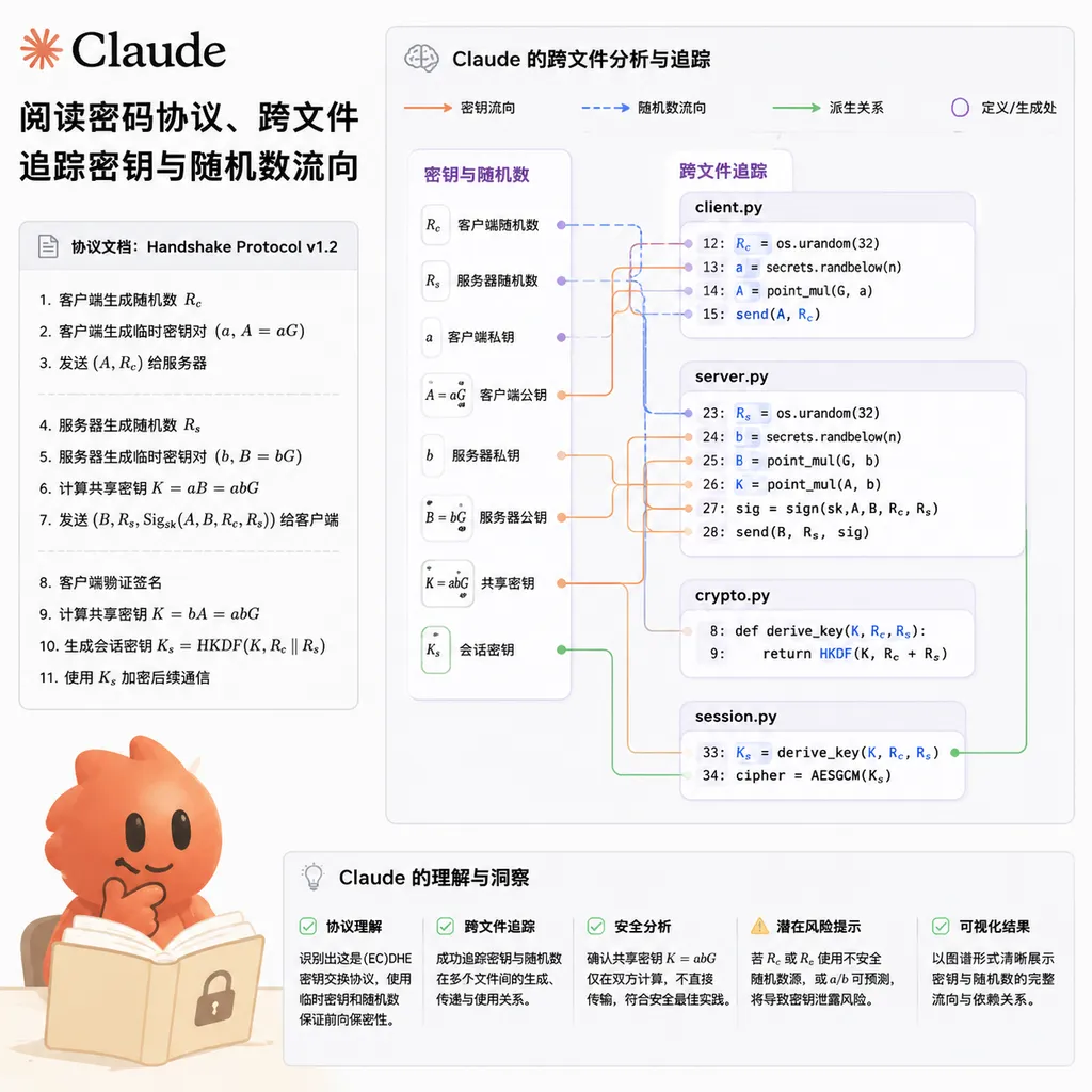 Illustration of Claude reading cryptographic protocols and tracing the flow of keys and random values across files