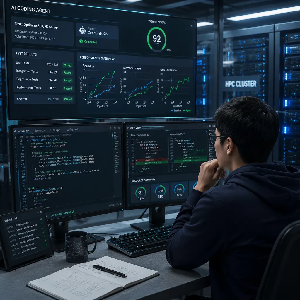 Researchers reviewing code, test results, and performance curves submitted by an AI coding agent in front of a computing cluster
