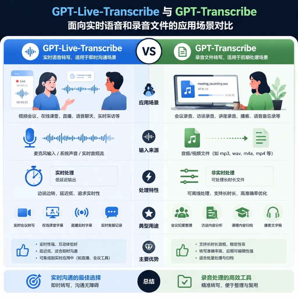 Comparison of GPT-Live-Transcribe and GPT-Transcribe use cases for real-time speech and recorded audio files