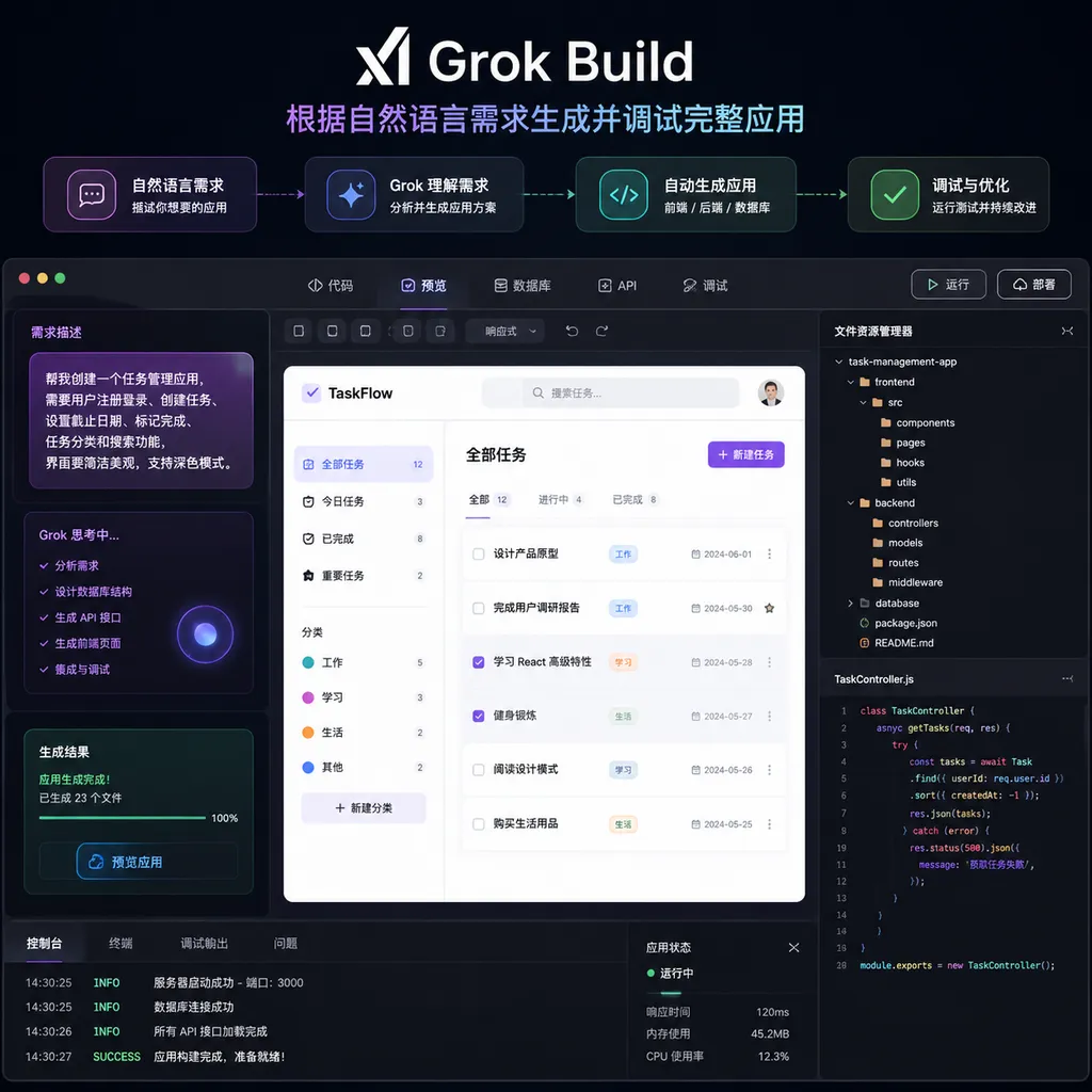 Illustration of the Grok Build product interface generating and debugging a complete application from natural-language requirements
