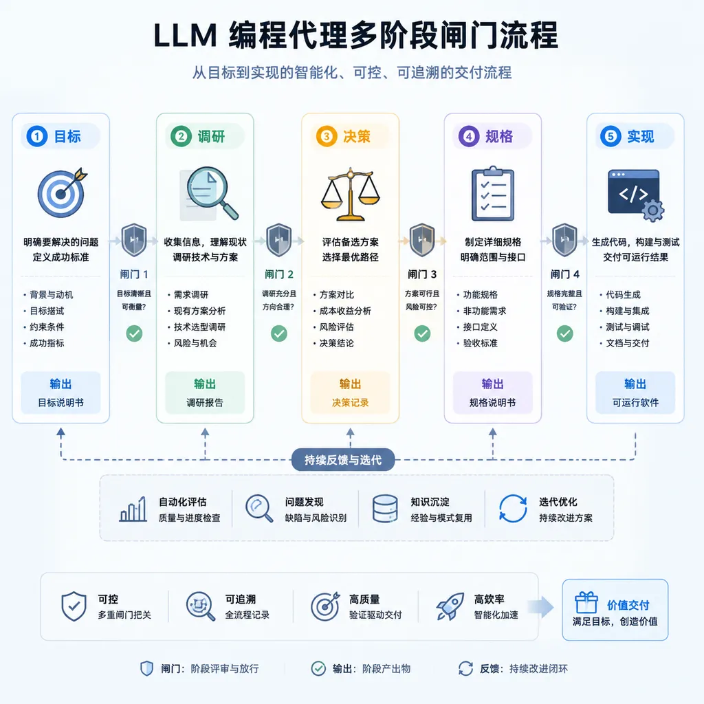 Multi-stage gate workflow for an LLM coding agent, from goals and research through decisions and specifications to implementation