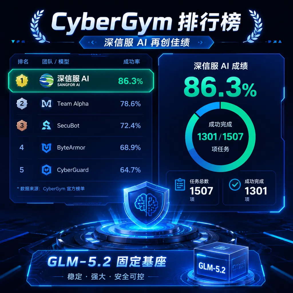 Illustration of the CyberGym leaderboard and Sangfor AI’s 86.3% result, highlighting 1,507 tasks, 1,301 successes, and GLM-5.2 as the fixed foundation model