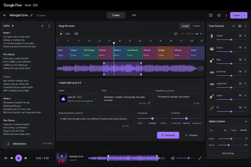 Interface for generating and editing songs with Lyria 3.5 in Google Flow Music, showing lyrics, song structure, and creative controls