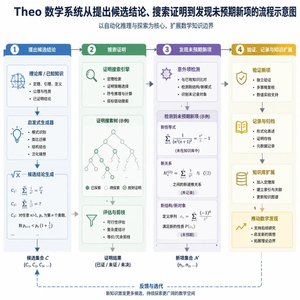 Diagram of the Theo mathematics system’s workflow, from proposing candidate conclusions and searching for proofs to discovering an unanticipated new term