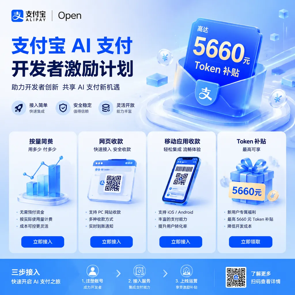 Alipay AI Payment Developer Incentive Program page showing pay-as-you-go billing, web payments, mobile app payments, and RMB 5,660 in Token subsidies
