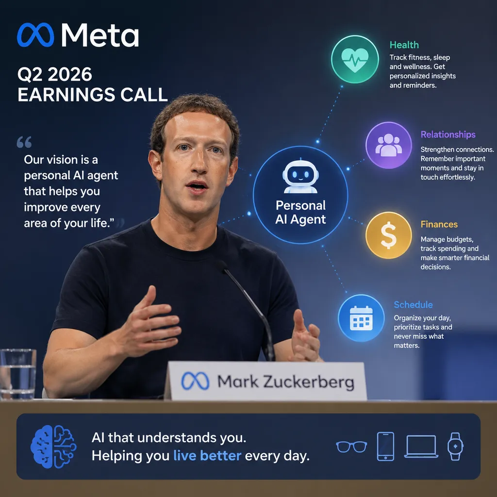 扎克伯格在Meta 2026年第二季度财报电话会上介绍个人AI Agent愿景,画面包含健康、关系、财务和日程等任务图标