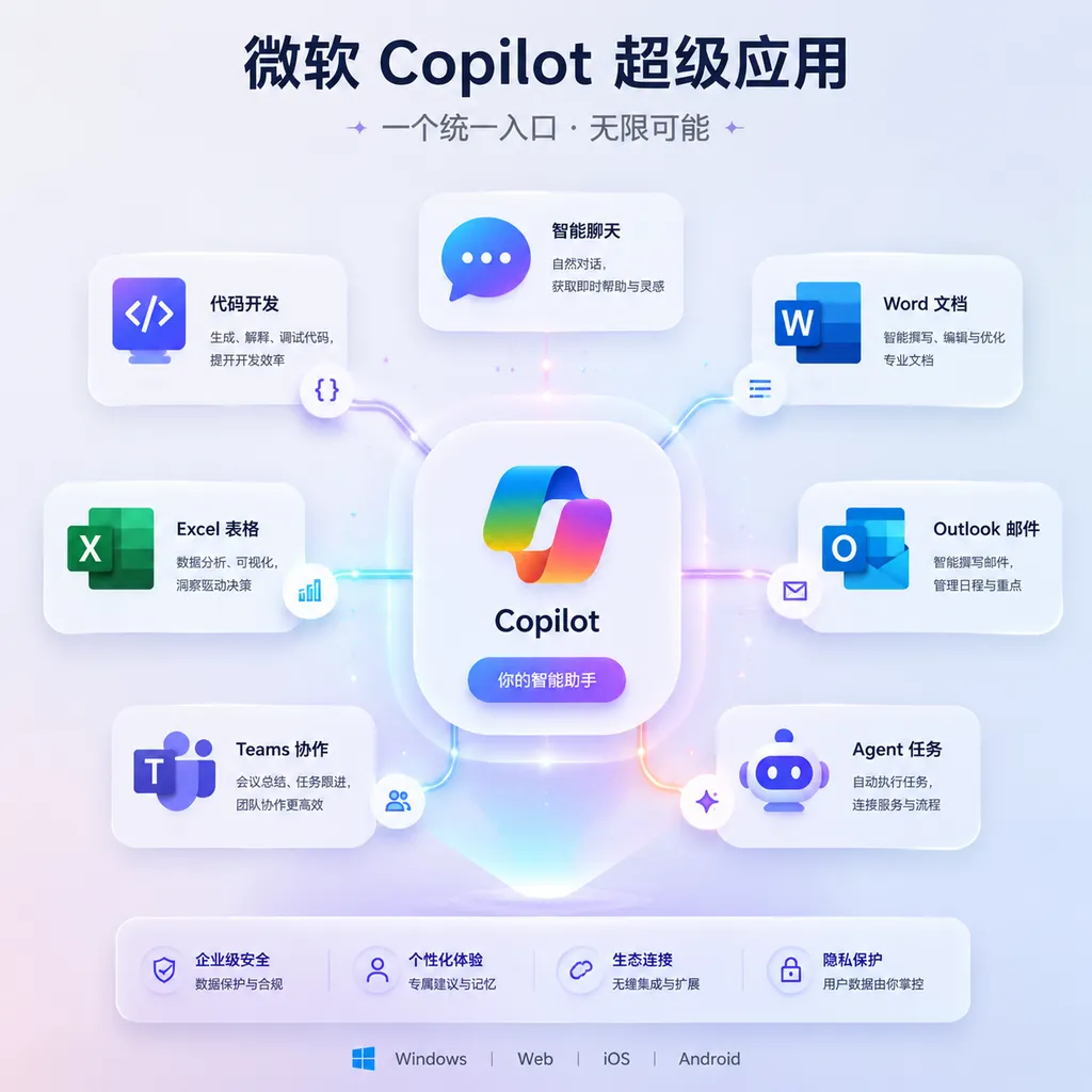 微软Copilot超级应用概念图,中央为统一Copilot入口,周围连接聊天、代码、Word、Excel、Outlook、Teams与Agent任务