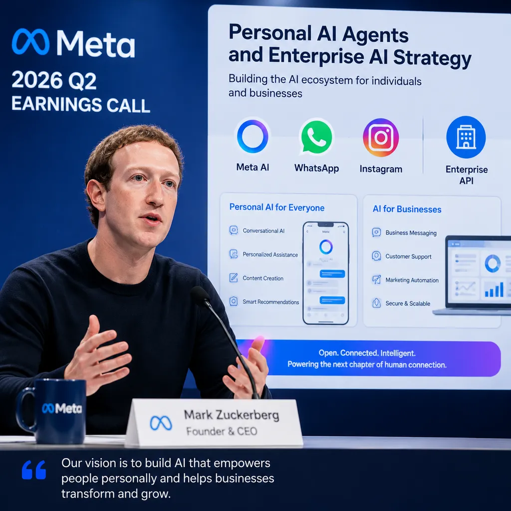 Zuckerberg outlines Meta’s personal agent and enterprise AI strategies during the company’s second-quarter 2026 earnings call, with illustrations of Meta AI, WhatsApp, Instagram, and enterprise APIs in the background