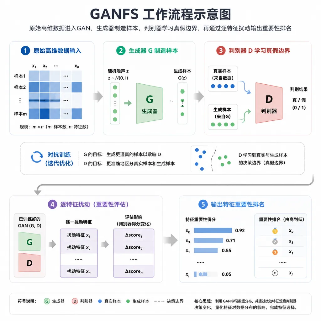 Diagram of the ganfs workflow, showing raw high-dimensional data entering a GAN, the generator producing samples, the discriminator learning the real-versus-fake boundary, and feature-by-feature perturbation producing an importance ranking