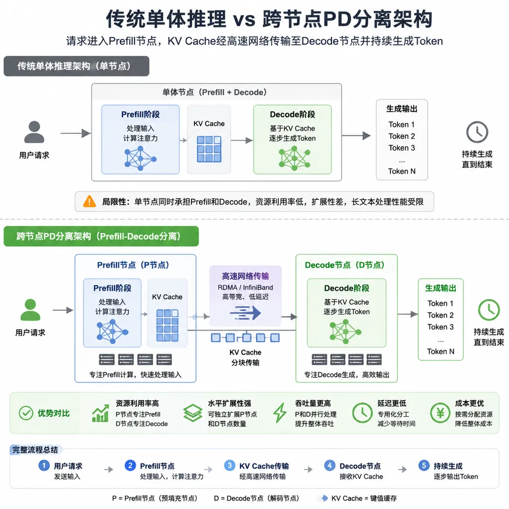 传统单体推理与跨节点PD分离架构对比图,展示请求进入Prefill节点、KV Cache经高速网络传输至Decode节点并持续生成Token的流程