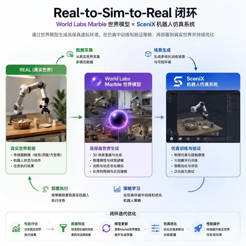 World Labs的Marble世界模型与SceniX机器人仿真系统组成Real-to-Sim-to-Real闭环的示意图