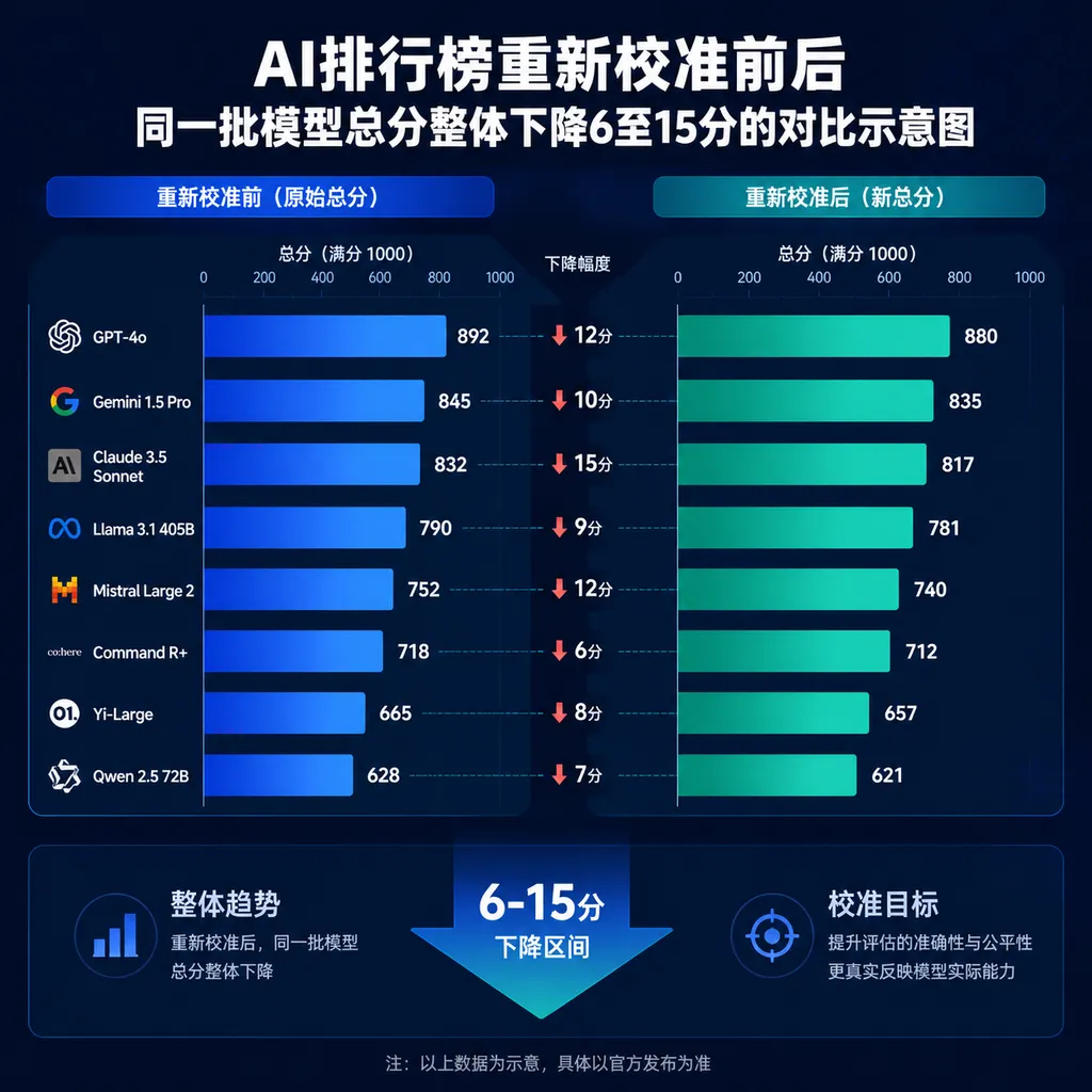 AI排行榜重新校准前后,同一批模型总分整体下降6至15分的对比示意图