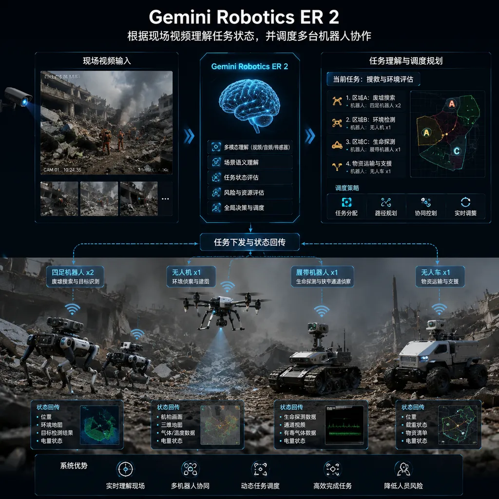 Diagram showing Gemini Robotics ER 2 understanding task status from on-site video and coordinating multiple robots