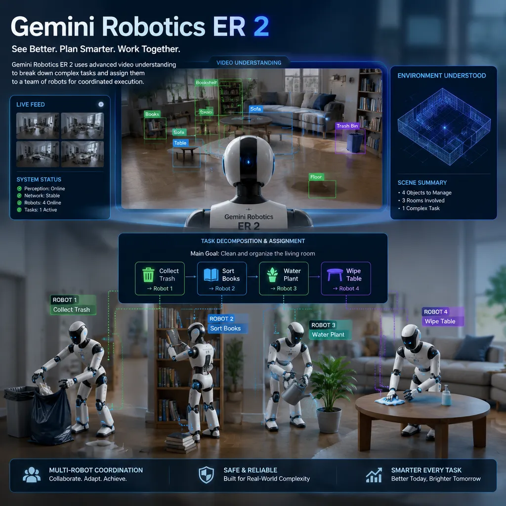 Gemini Robotics ER 2通过视频理解环境,并将复杂任务分配给多台机器人协同执行的示意图