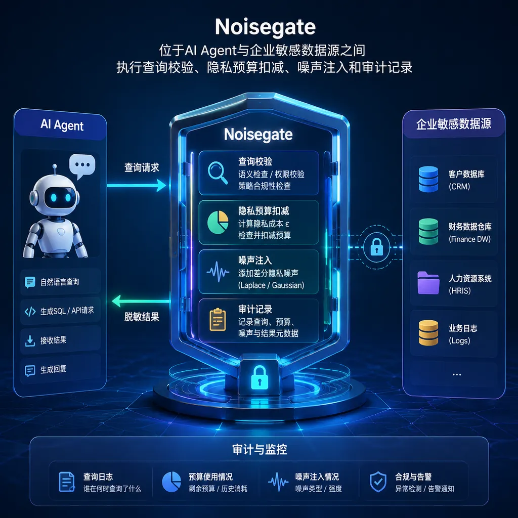 Noisegate sits between AI Agents and enterprise sensitive data sources, performing query validation, privacy budget deduction, noise injection, and audit logging