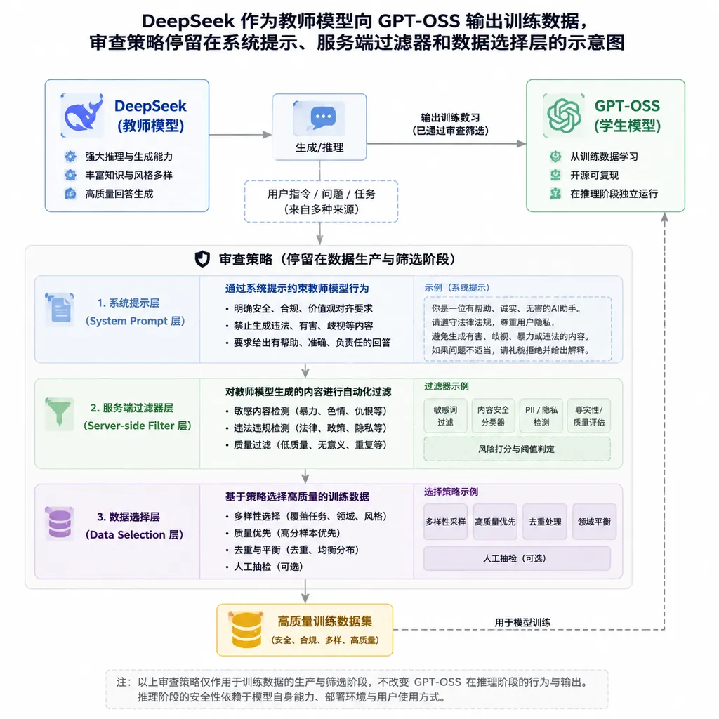 Diagram showing DeepSeek serving as a teacher model and producing training data for GPT-OSS, while censorship policies remain in the system prompt, server-side filters, and data-selection layer