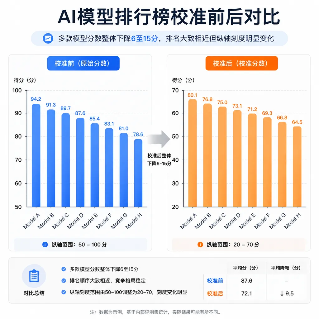 Comparison of AI model leaderboard scores before and after recalibration, showing broad declines of 6 to 15 points across multiple models, with rankings remaining broadly similar but the vertical scale changing significantly