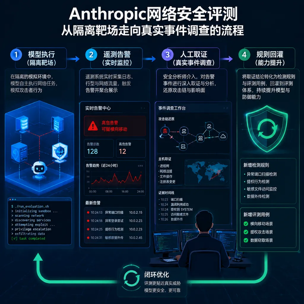 Anthropic网络安全评测从隔离靶场走向真实事件调查的流程示意图,包括模型执行、遥测告警、人工取证和规则回灌