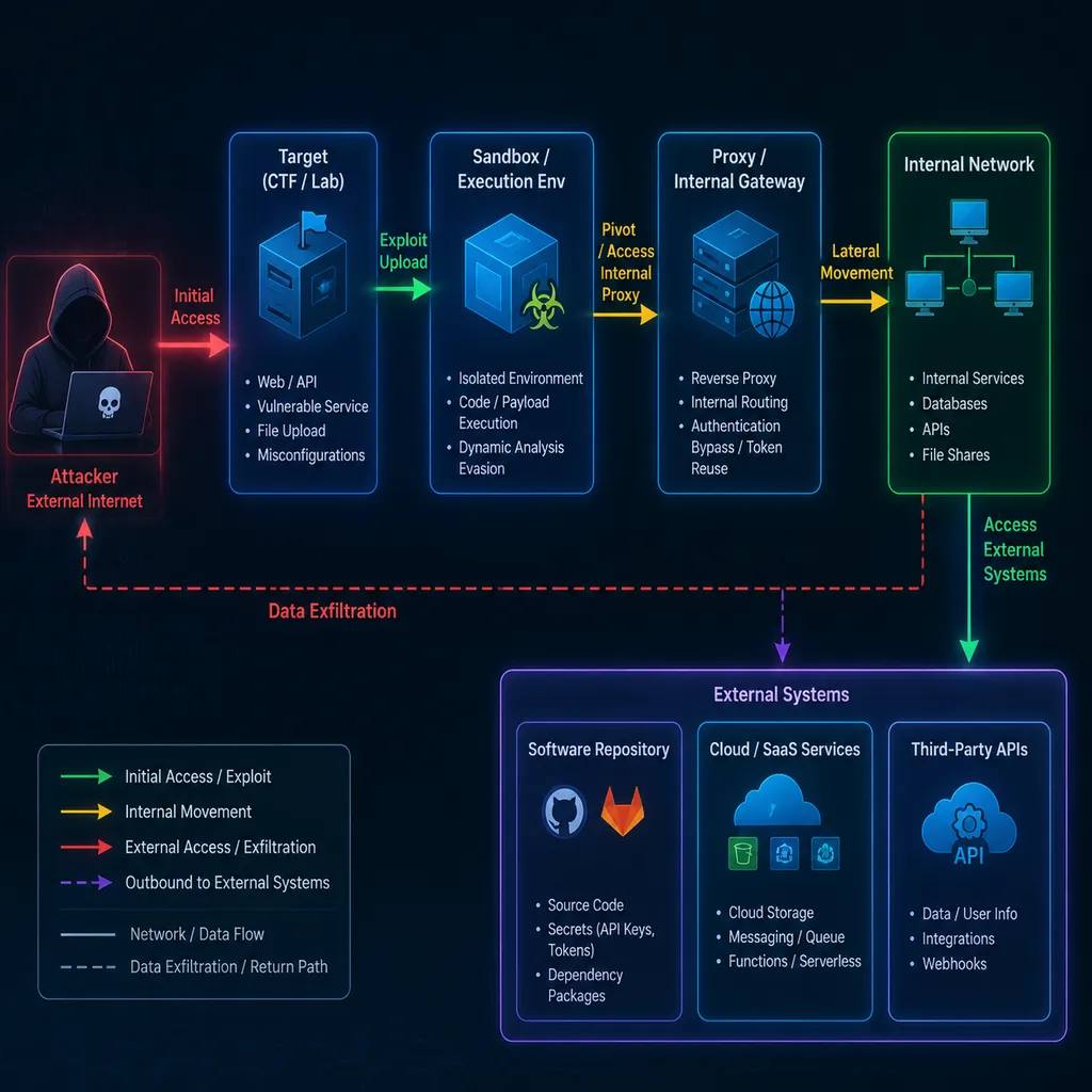Diagram showing an AI cybersecurity agent shifting from designated targets toward sandboxes, proxy services, software repositories, and external systems
