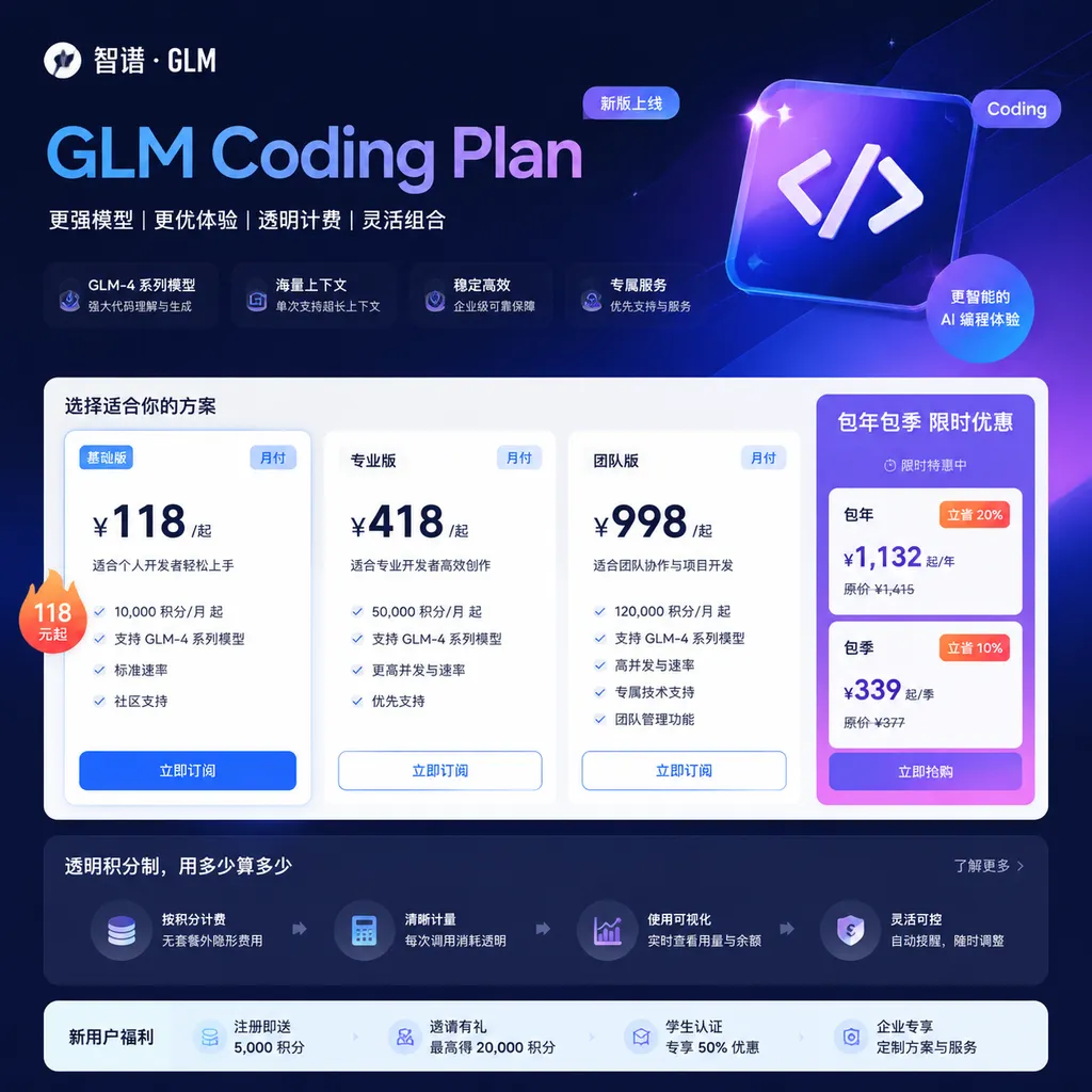 智谱 GLM Coding Plan 新版套餐页面,突出 118 元起、透明积分制和包年包季限时折扣