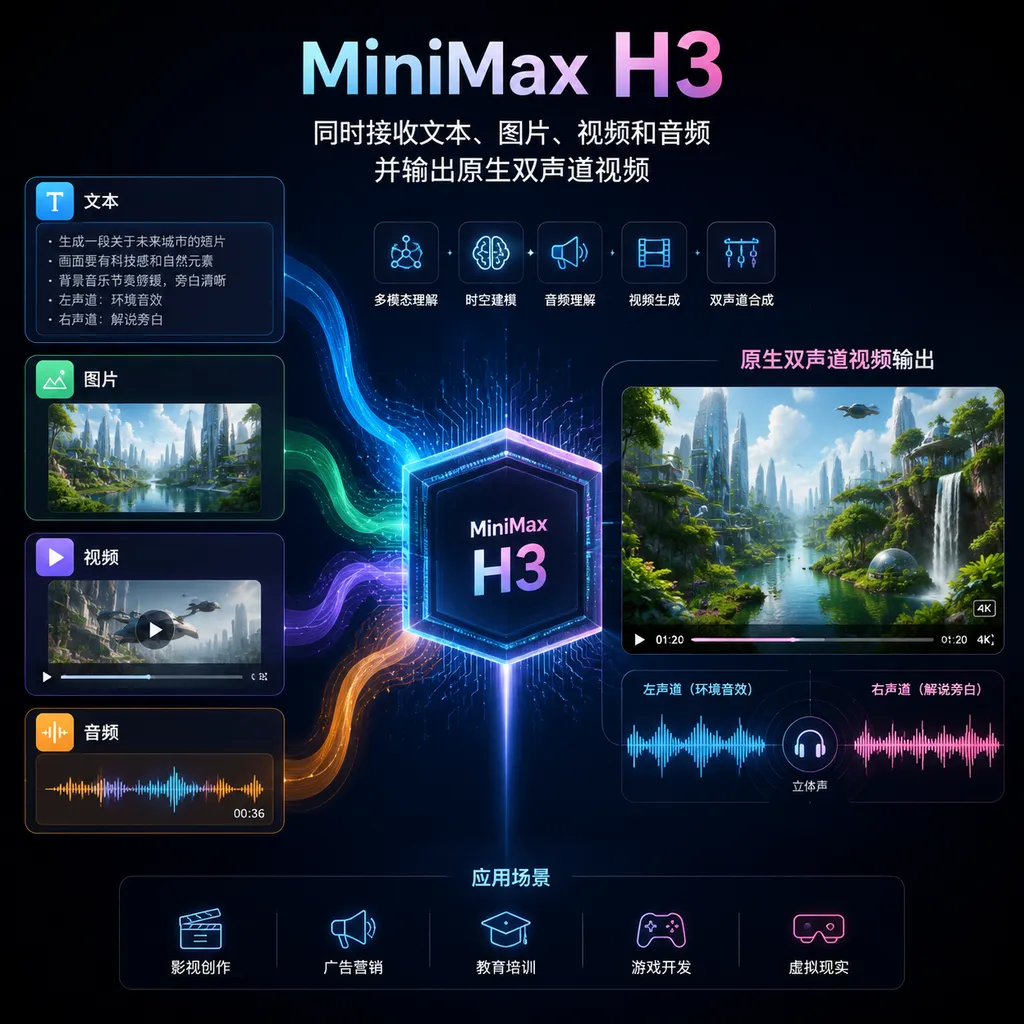 Diagram illustrating MiniMax H3's ability to accept text, images, video, and audio simultaneously and output video with native stereo audio