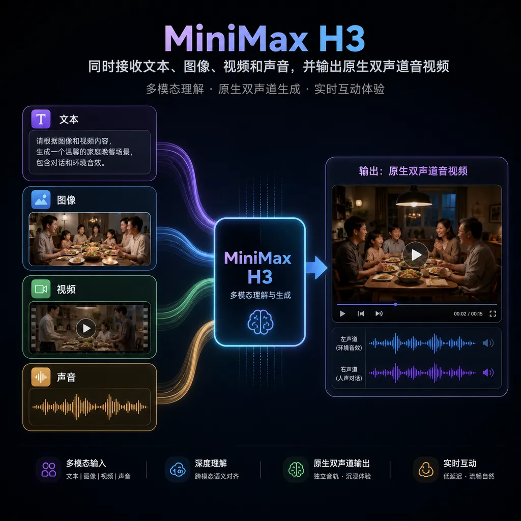 MiniMax H3同时接收文本、图像、视频和声音,并输出原生双声道音视频的能力示意图