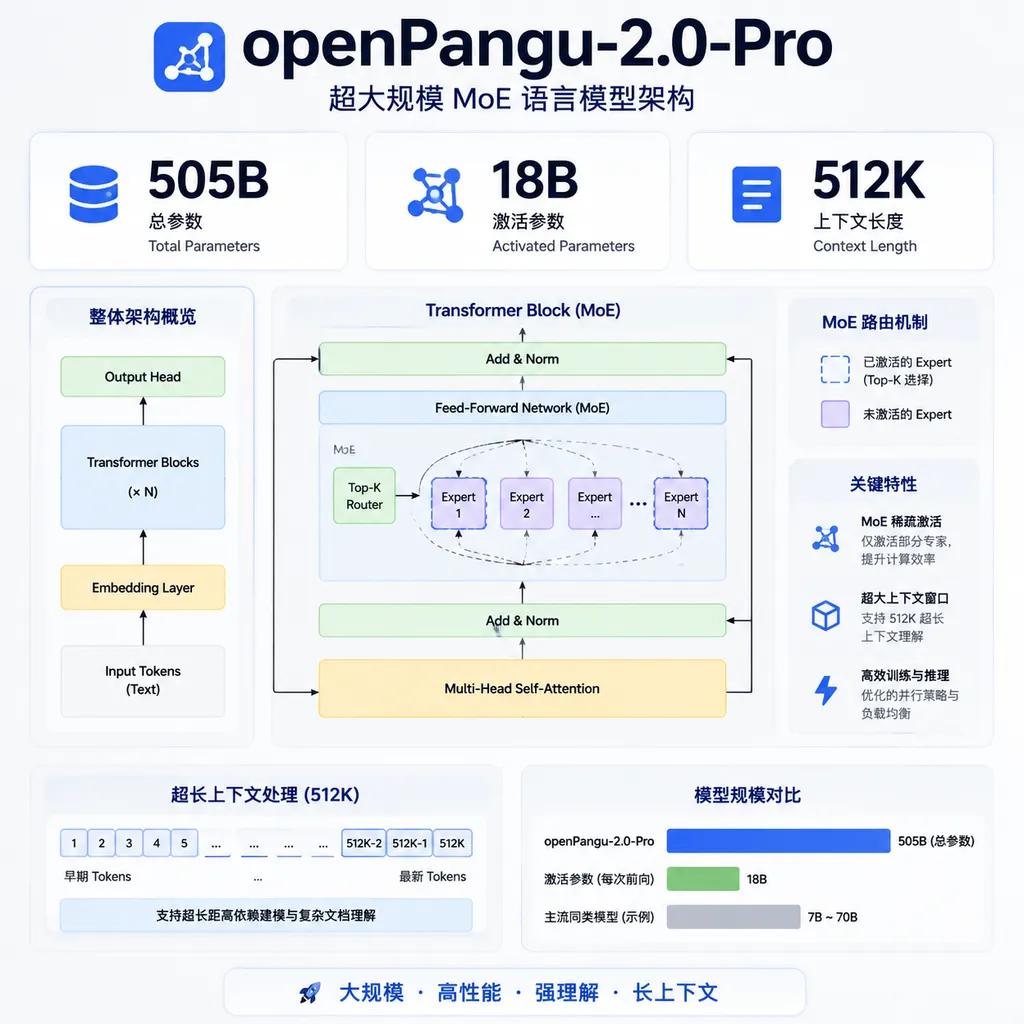 openPangu-2.0-Pro模型架构与505B总参数、18B激活参数、512K上下文信息图