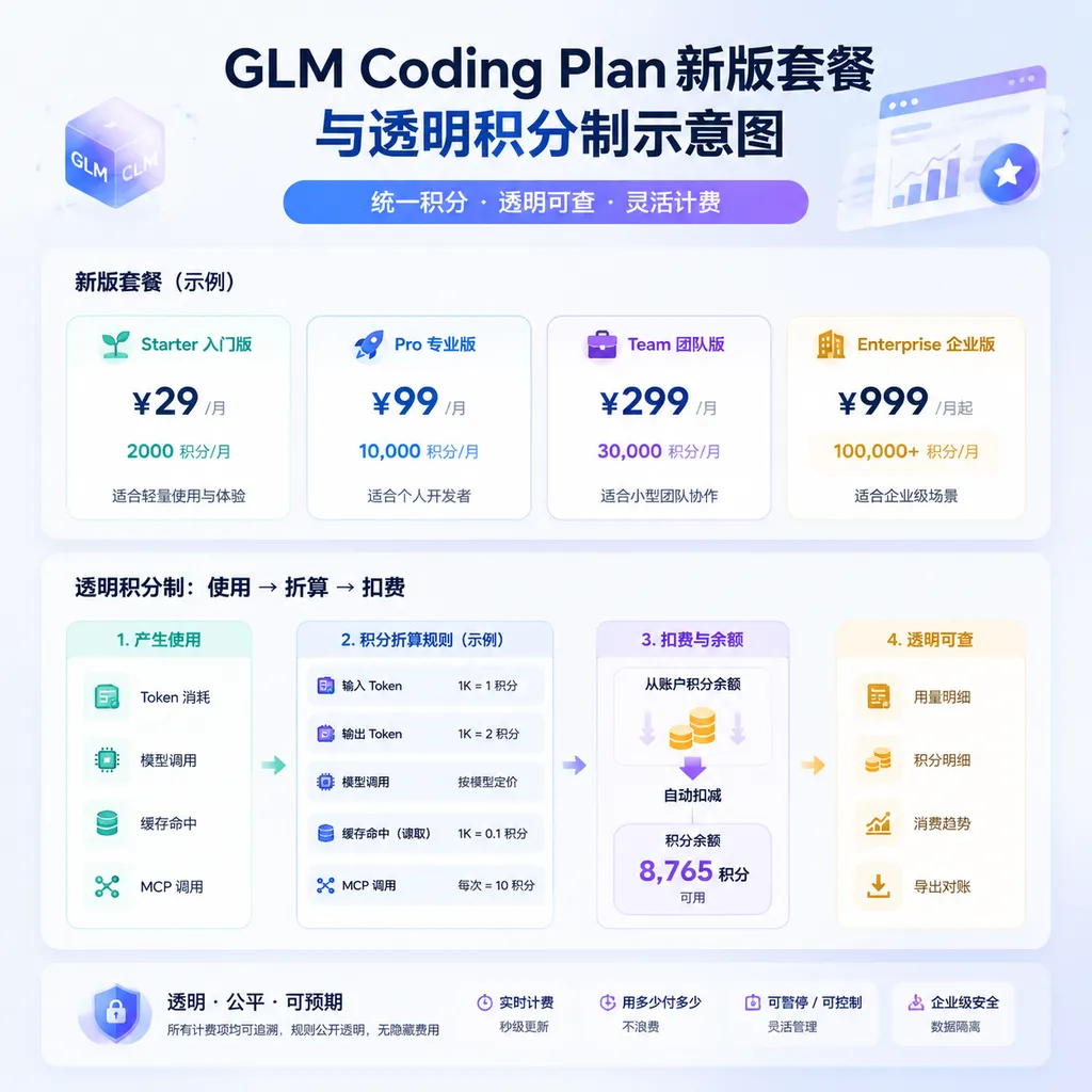 Illustration of the new GLM Coding Plan packages and transparent credit system, showing tokens, models, caching, and MCP calls converted into credits