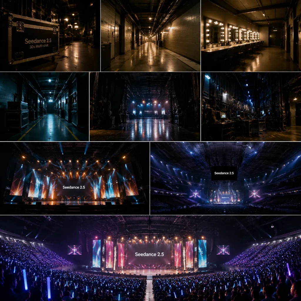 A stitched sequence of shots from a 30-second multi-shot video generated by Seedance 2.5, showing the backstage area, corridor, stage, and a panoramic view of the arena